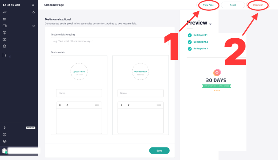 bouton de prévisualisation de la page et de publication