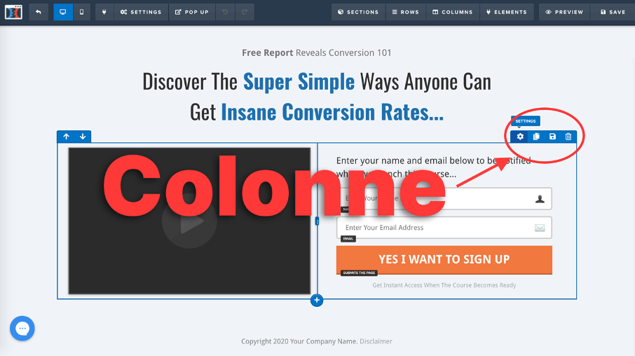 Représentation des colonnes sur Clickfunnels