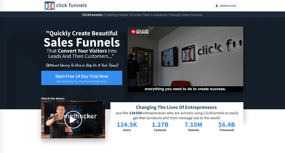 Page d'acceuil de Clickfunnels