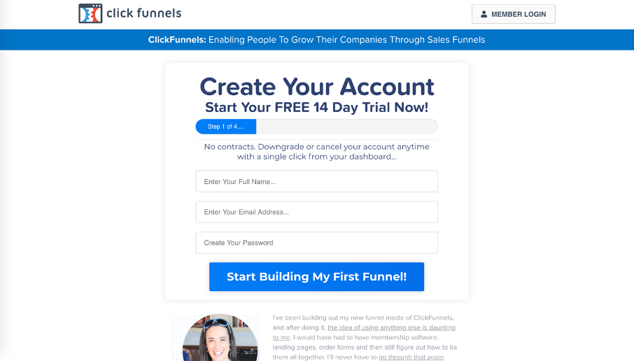 Page pour la création de son compte Clickfunnels