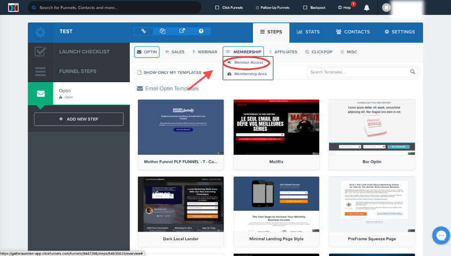 onglet pour créer une page de connexion à une espace membre