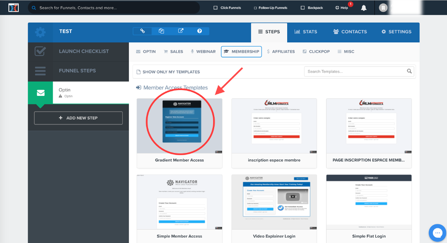Choix d'un modèle de page pour la page d'accès