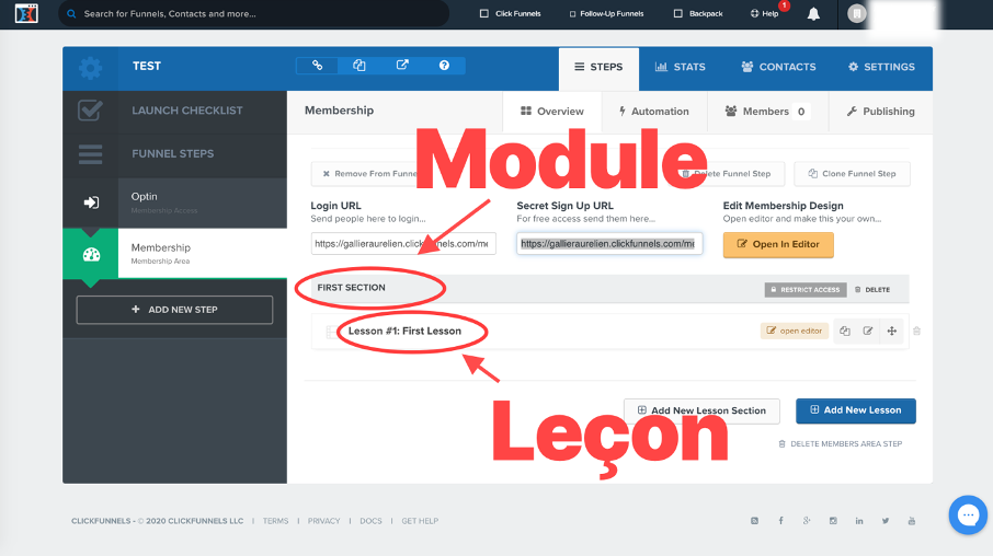 Ajout d'une section et d'un module à son espace membre