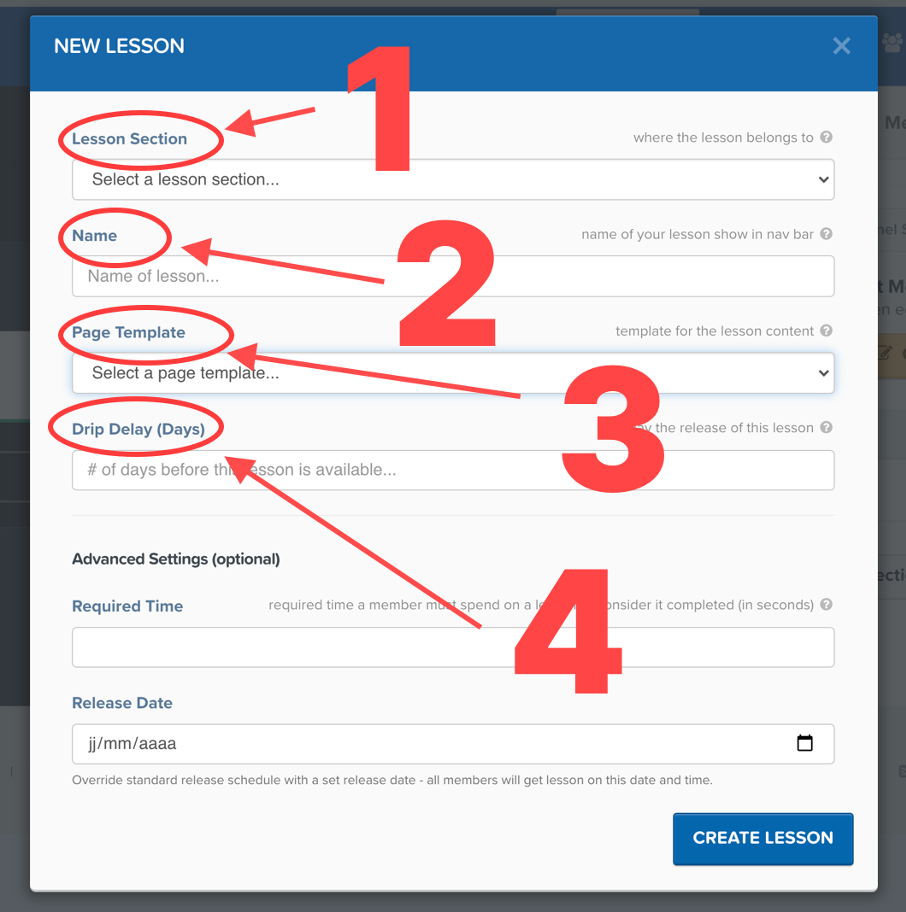Champs pour paramétrer sa nouvelle leçon