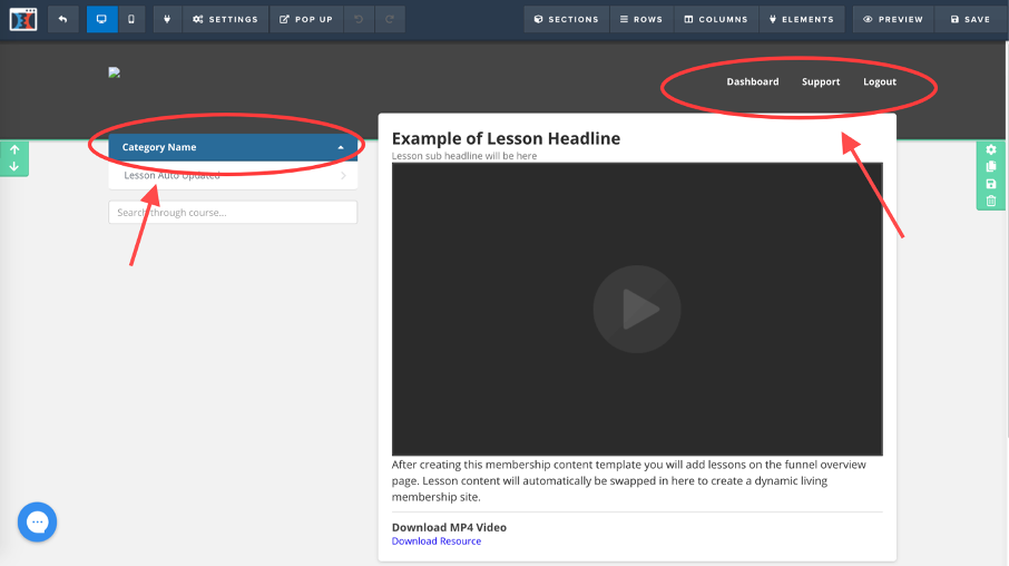 Aperçu editor d'espace membre de Clickfunnels