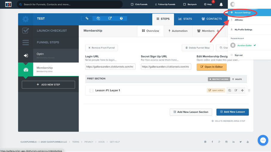 Onglet des paramètres du compte