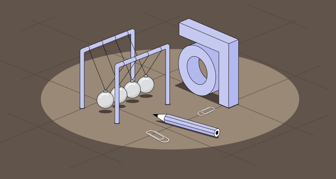 Illustration with abstract logo pencil and Newtons Cradle