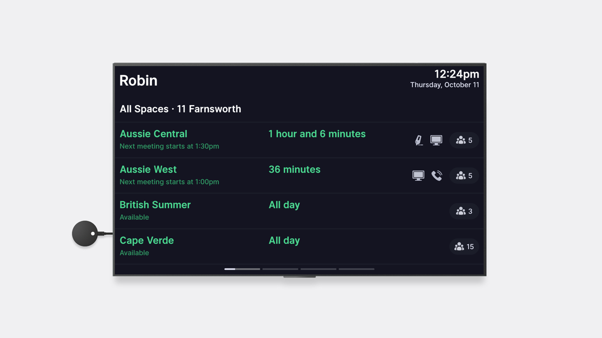 TV on an office wall streaming Robin Status Board on Airtame 2