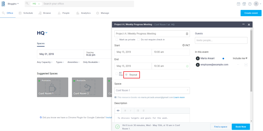 with Robin you can simply create a recurring meeting by ticking the checkbox