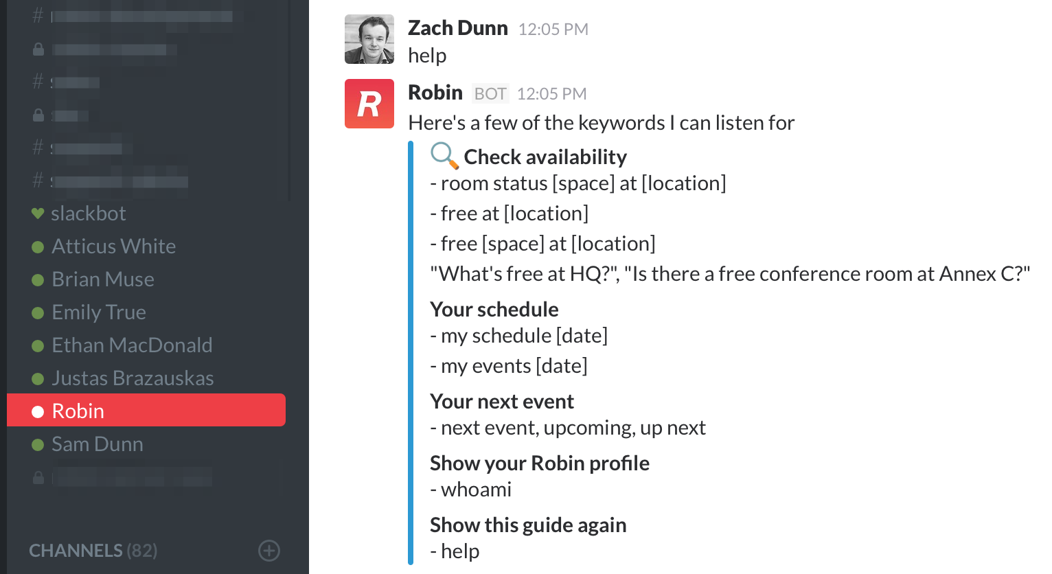 Robinbot Slack scheduling commands