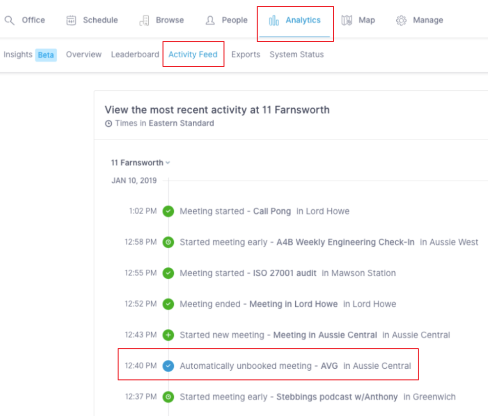 Activity Feed in Robin room scheduling software