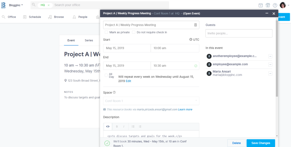 use a conference room scheduling software to schedule recurring meetings