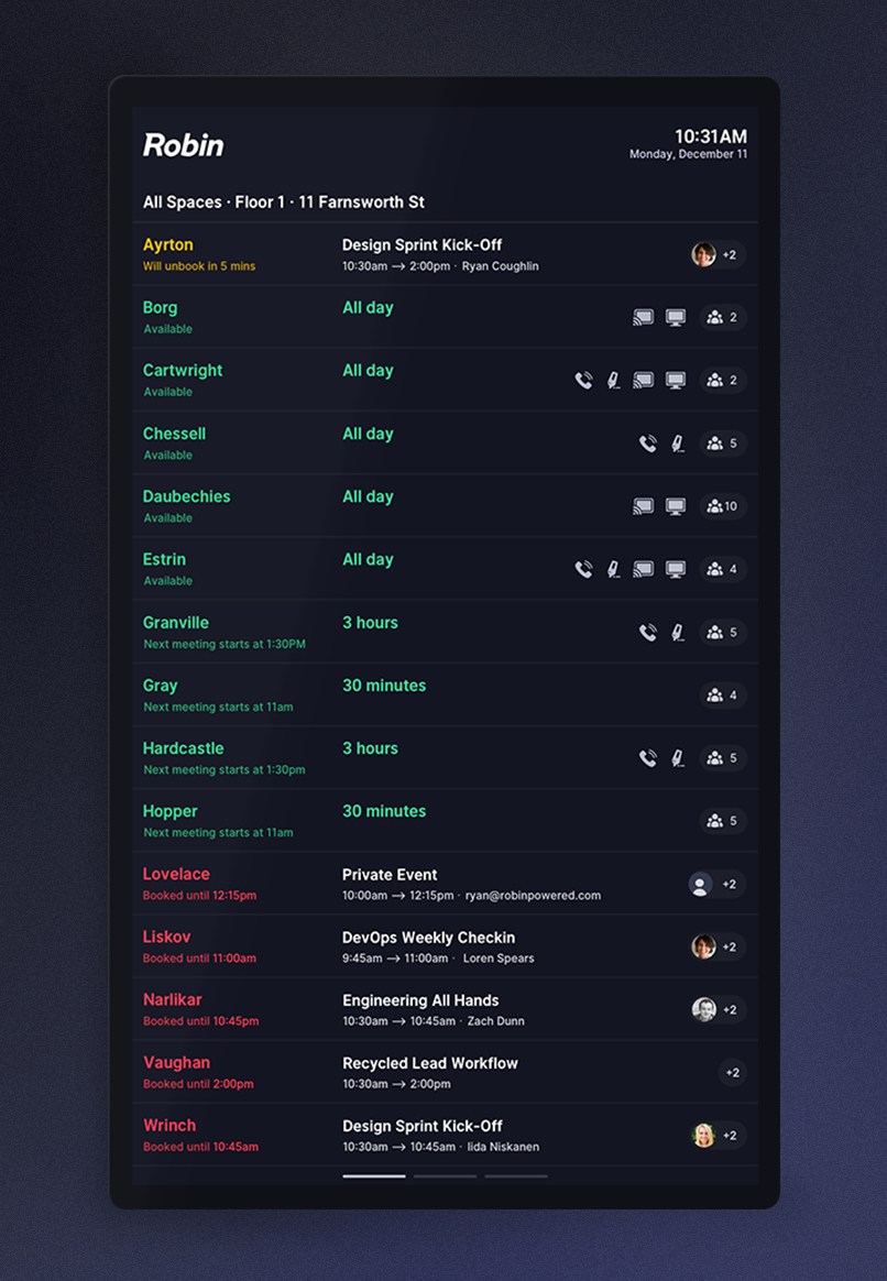 Robin Status Board with office schedule listed