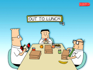 Dilbert business lunch with them eating sad paper bag lunches