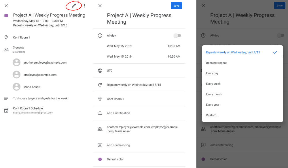 schedule recurring meetings in the Google Calendar App