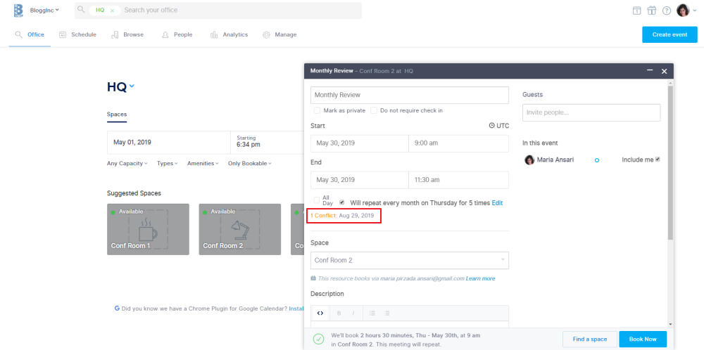 Robin allows you to view conflicts with your recurring meeting if other meetings are scheduled at the same time