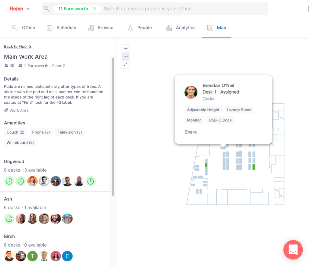 Assign workstations based on amenities for employees and visualize it on a map of your floor plan.
