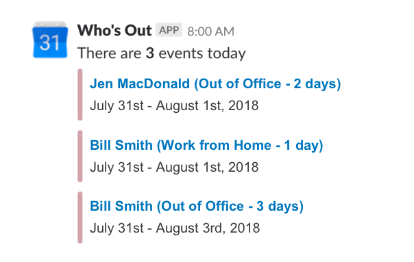 Slack Who's out calendar schedule vacation time