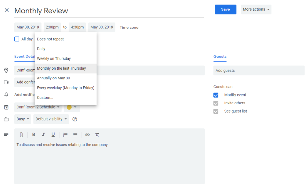 make an existing meeting recurring in Google Calendar and it will automatically sync to Robin