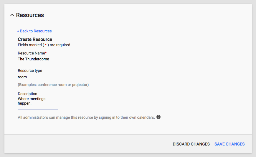 Adding a new resource calendar in Google apps