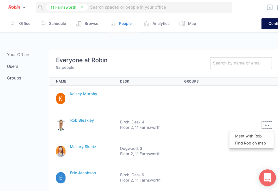 Everyone can find colleagues and seat assignments in Robin's within seconds dashboard.