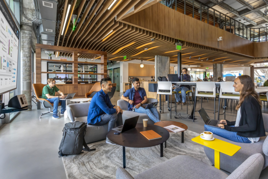 Thirdspaces like cafes and lounges workplace design strategies add employee flexibility and autonomy, a highly desired benefit for top talent
