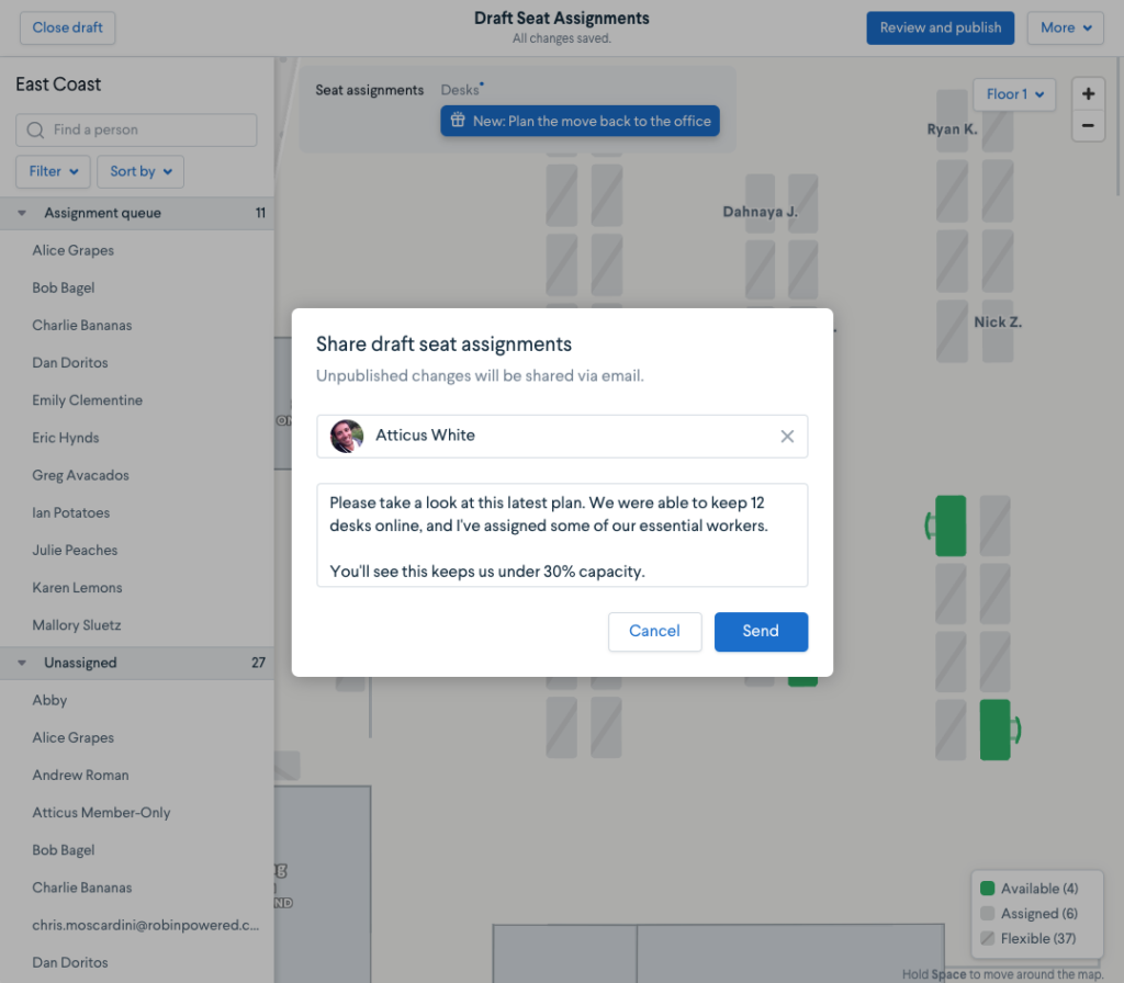 Draft and share seating charts before hitting publish as part of a workplace preparedness plan for returning to the office
