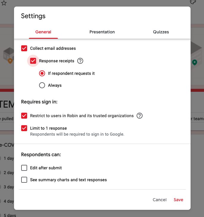 A visual of a Google Forms settings page