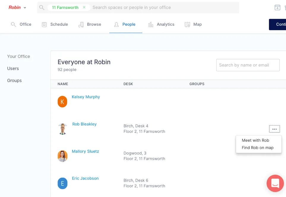 Everyone can find colleagues and seat assignments in Robin's within seconds dashboard.