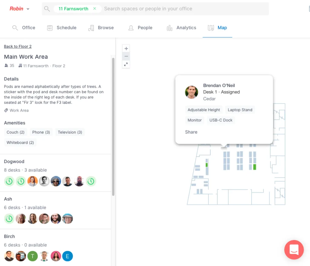 Assign workstations based on amenities for employees and visualize it on a map of your floor plan.