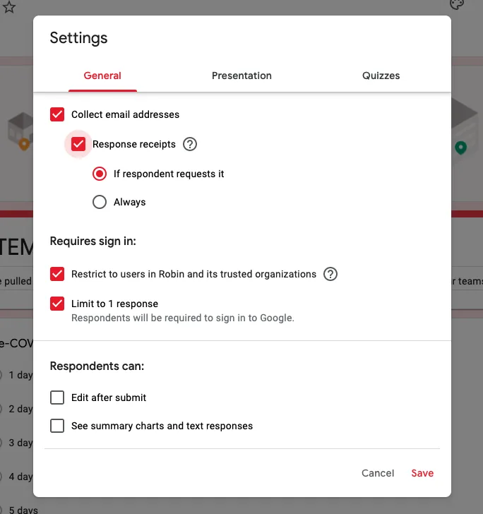 A visual of a Google Forms settings page