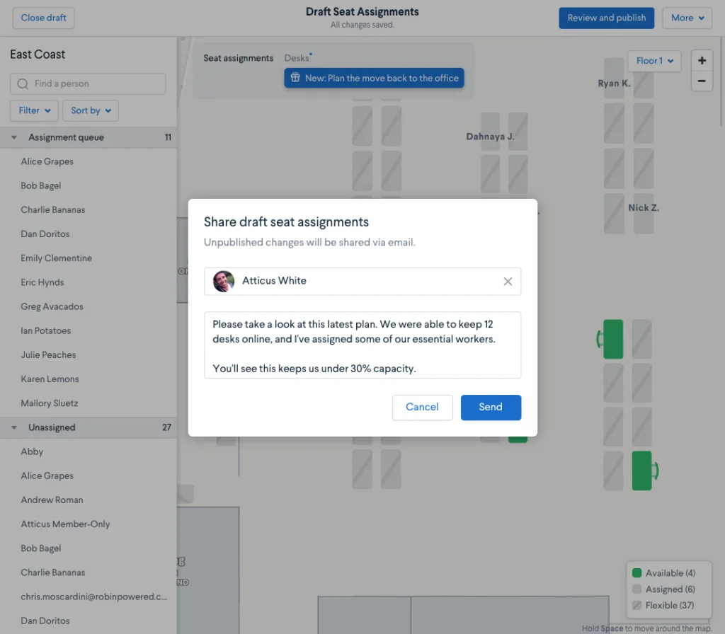 Draft and share seating charts before hitting publish as part of a workplace preparedness plan for returning to the office