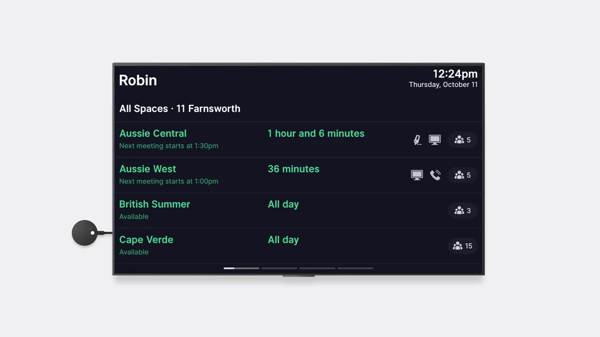 TV on an office wall streaming Robin Status Board on Airtame 2