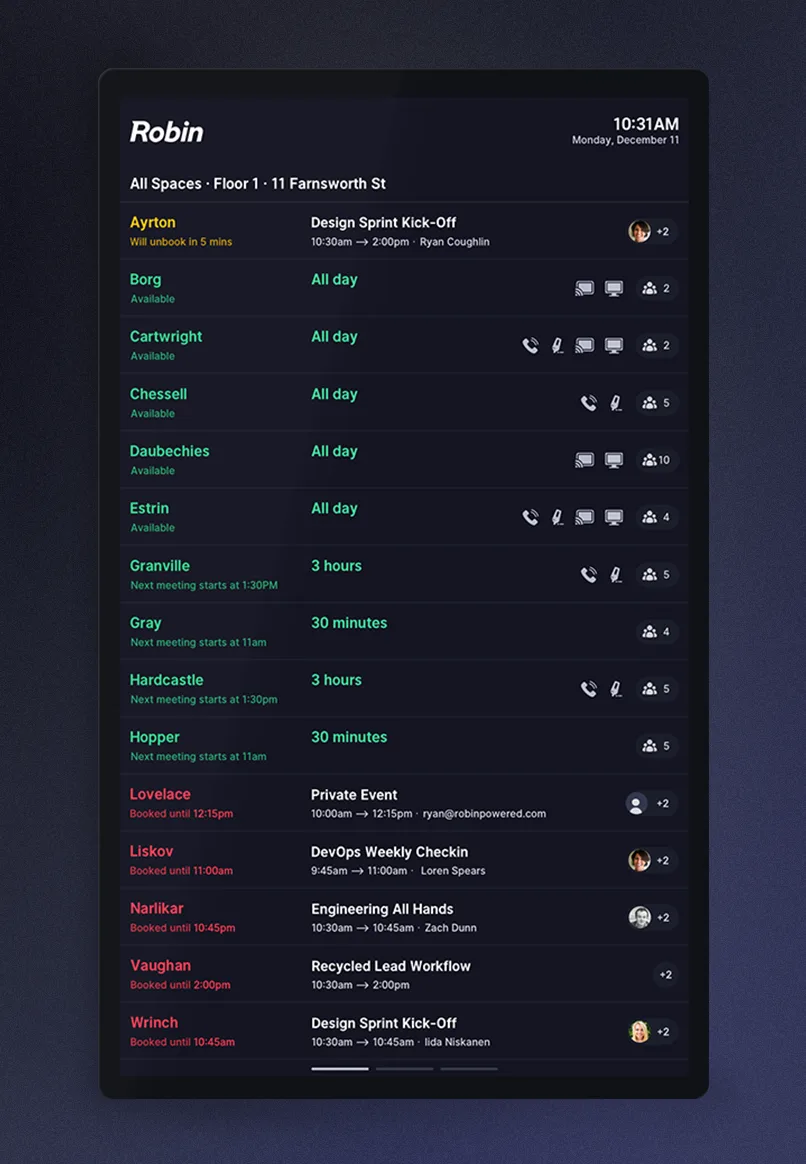 Robin Status Board with office schedule listed