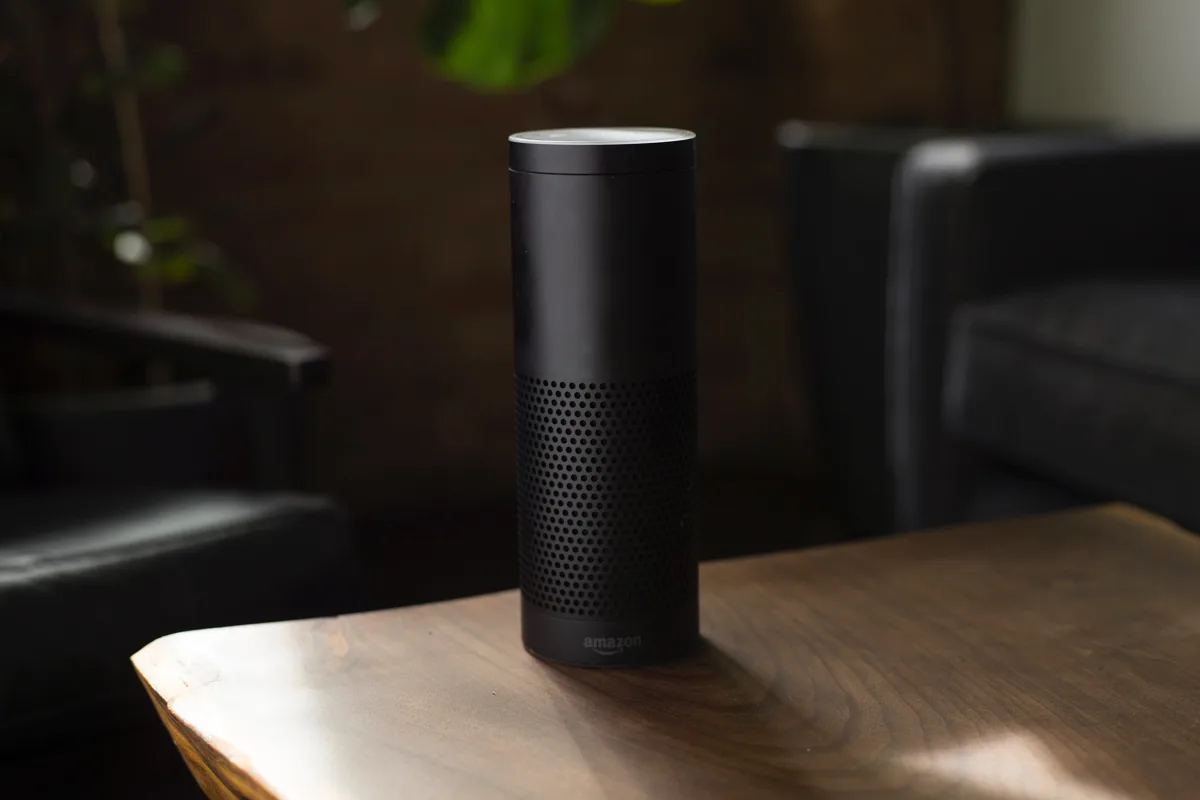 Amazon Alexa voice-activated speaker on a table