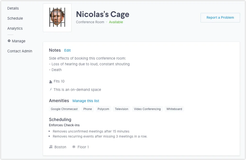 scheduling funny meeting room names Nicolas's Cage