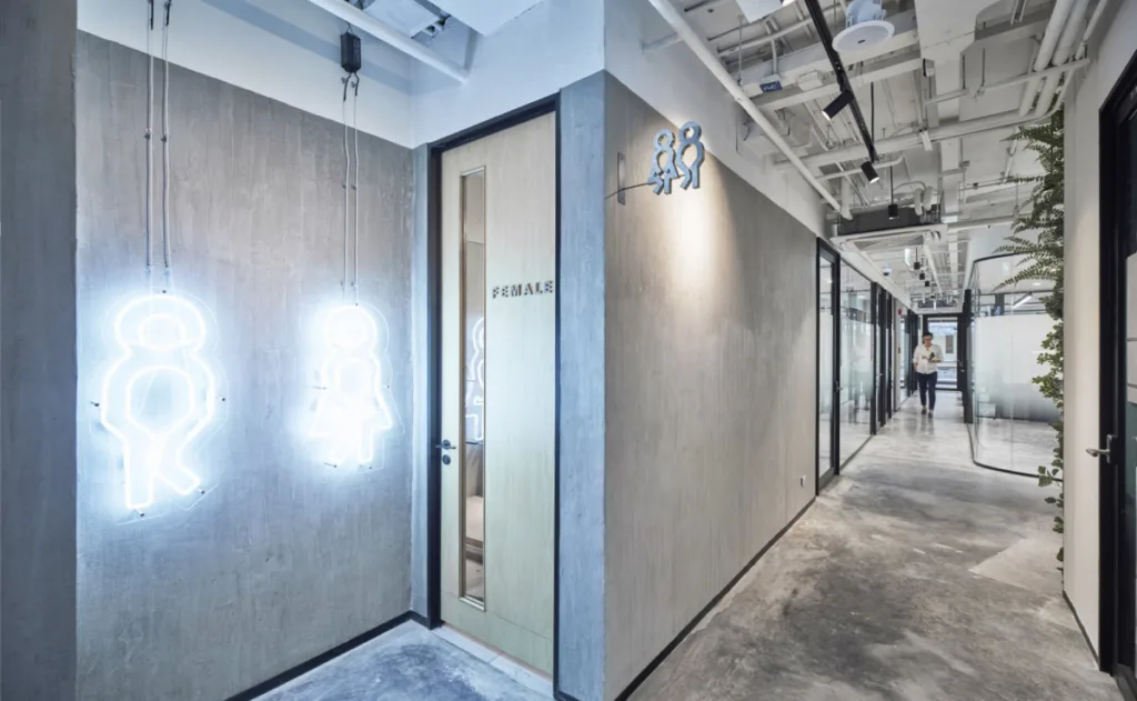 Improve office wayfinding with creative graphics like this LED restroom signage