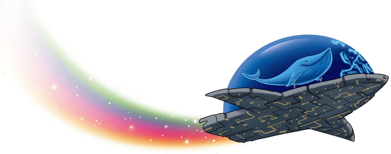 Blue whale on a spaceship forming a rainbow trail
