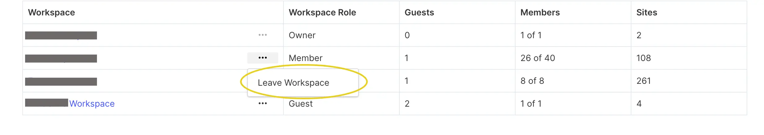 Leave Workspaceをクリックして退出できます。