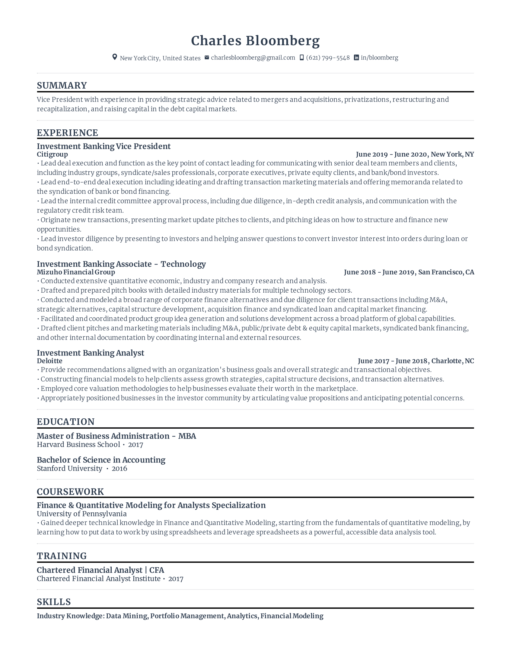 Investment Banking Resume with high amount of experience and skills in related fields from various companies.