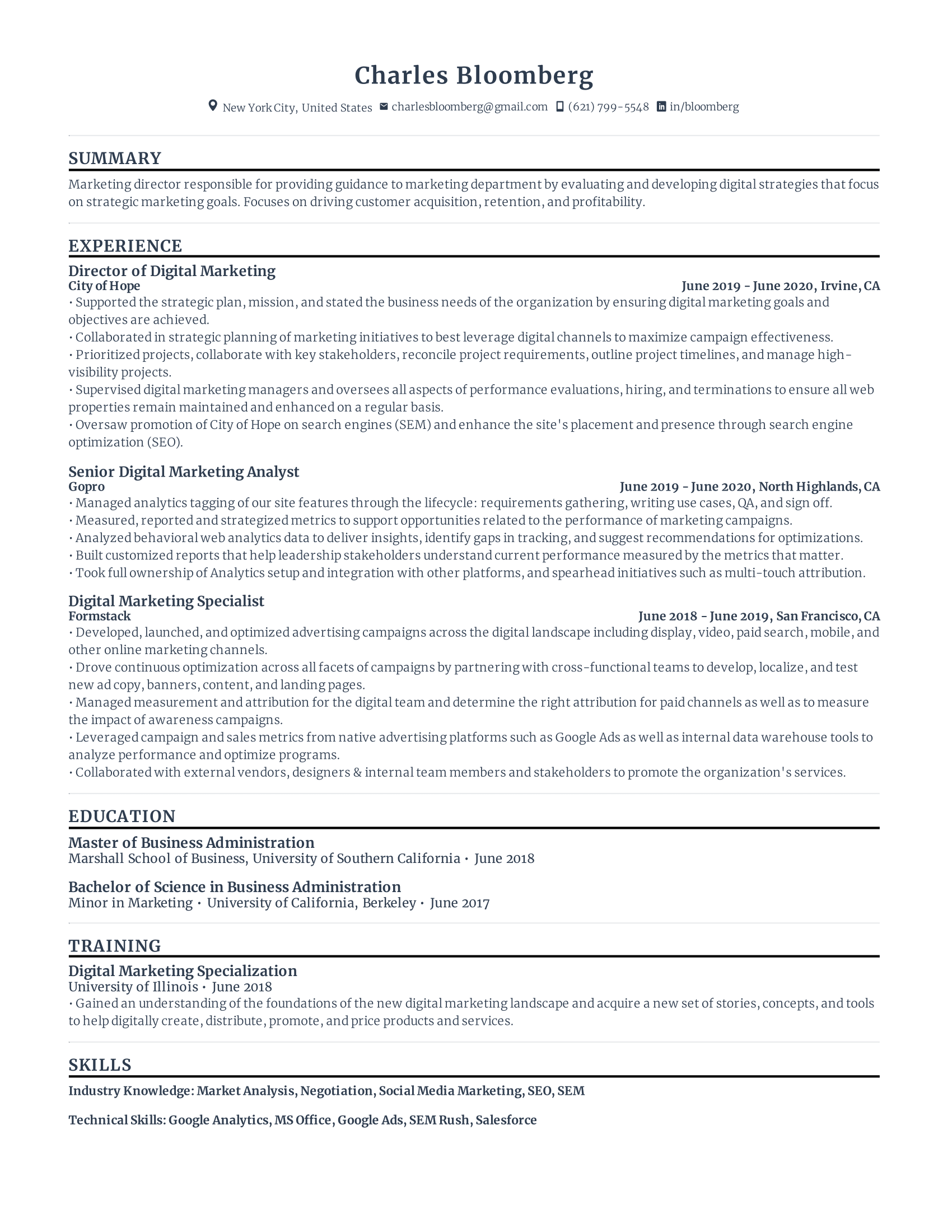 Digital Marketing Resume with high amount of experience and skills in related fields from various companies.