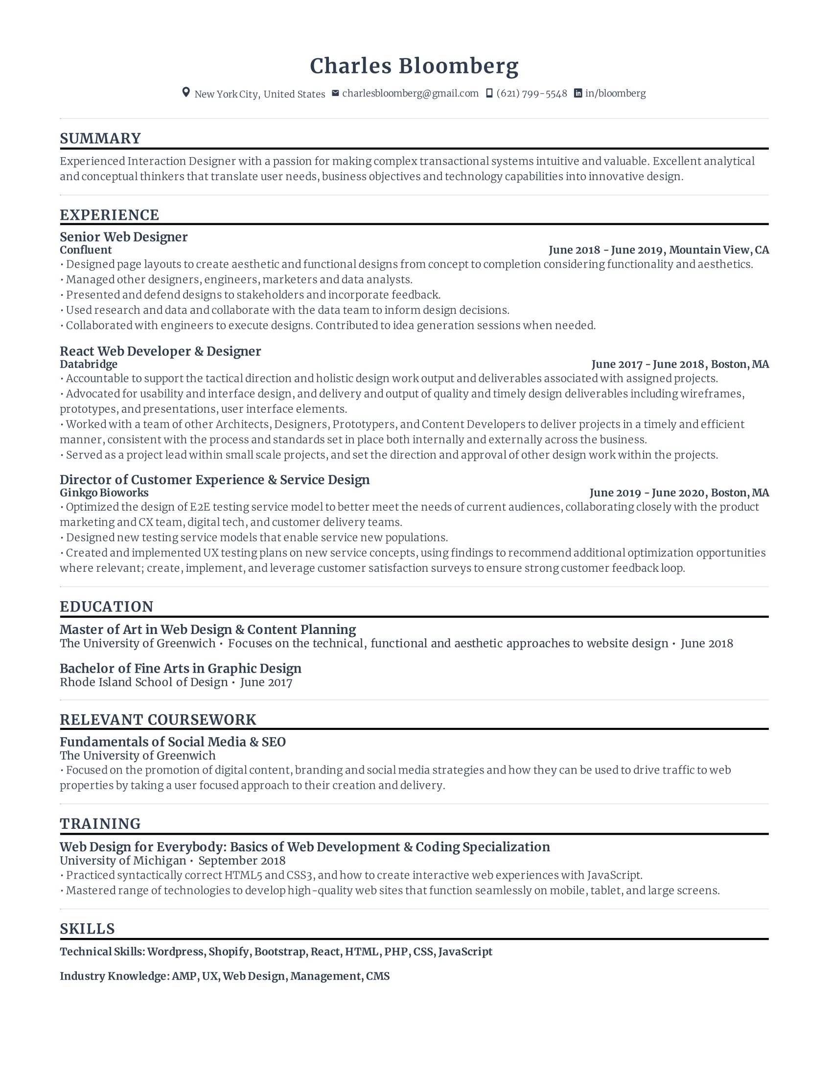 Web Designer Resume with high amount of experience and skills in related fields from various companies.