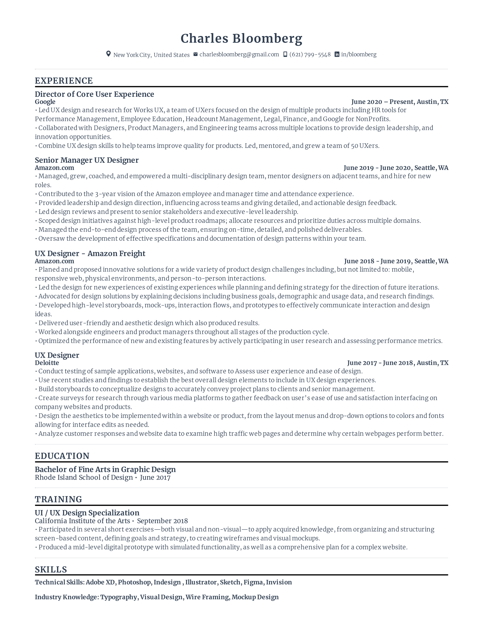UX Designer Resume Template with high amount of experience in related fields at various companies.