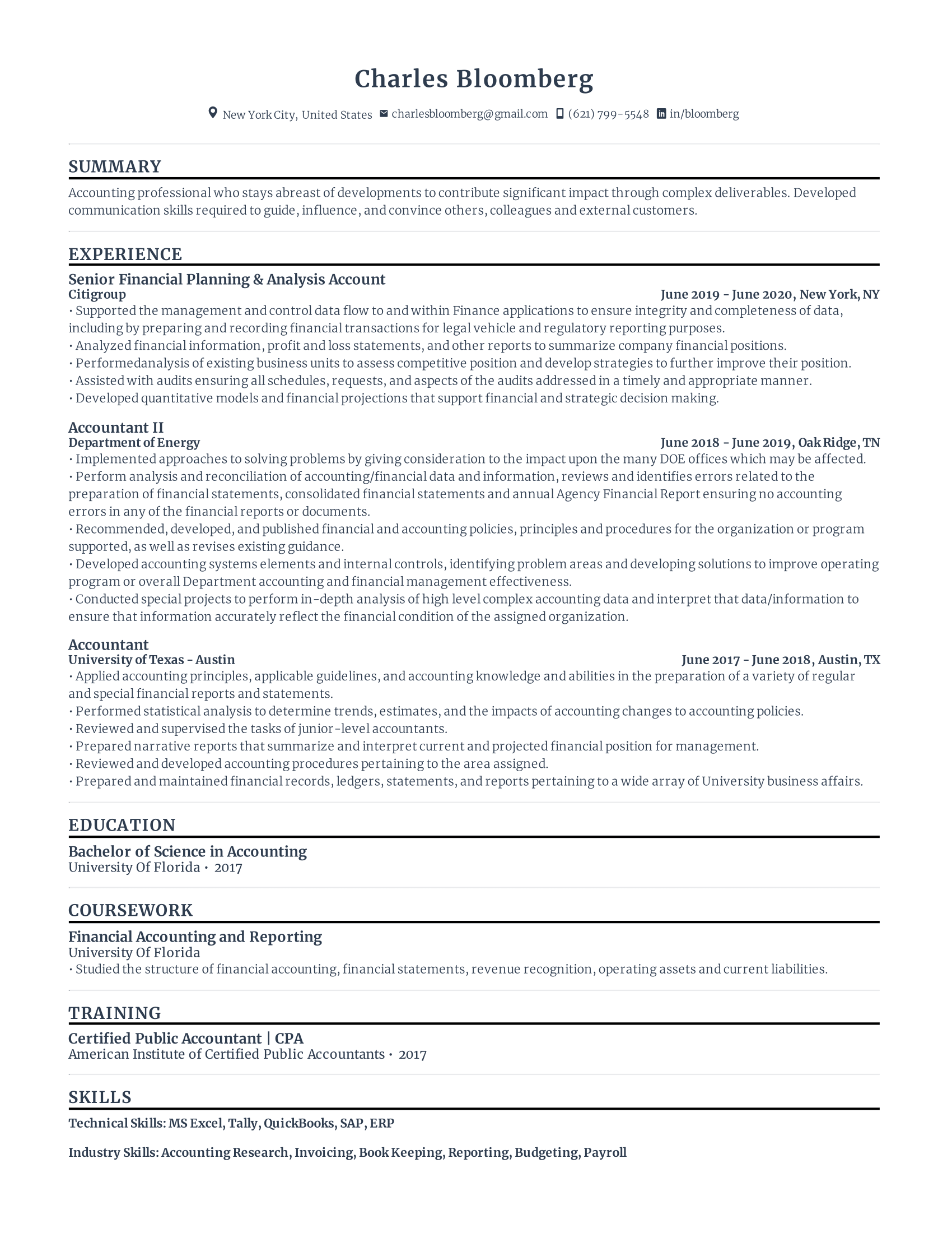 Accountant Resume with high amount of experience and skills in related fields from various companies.