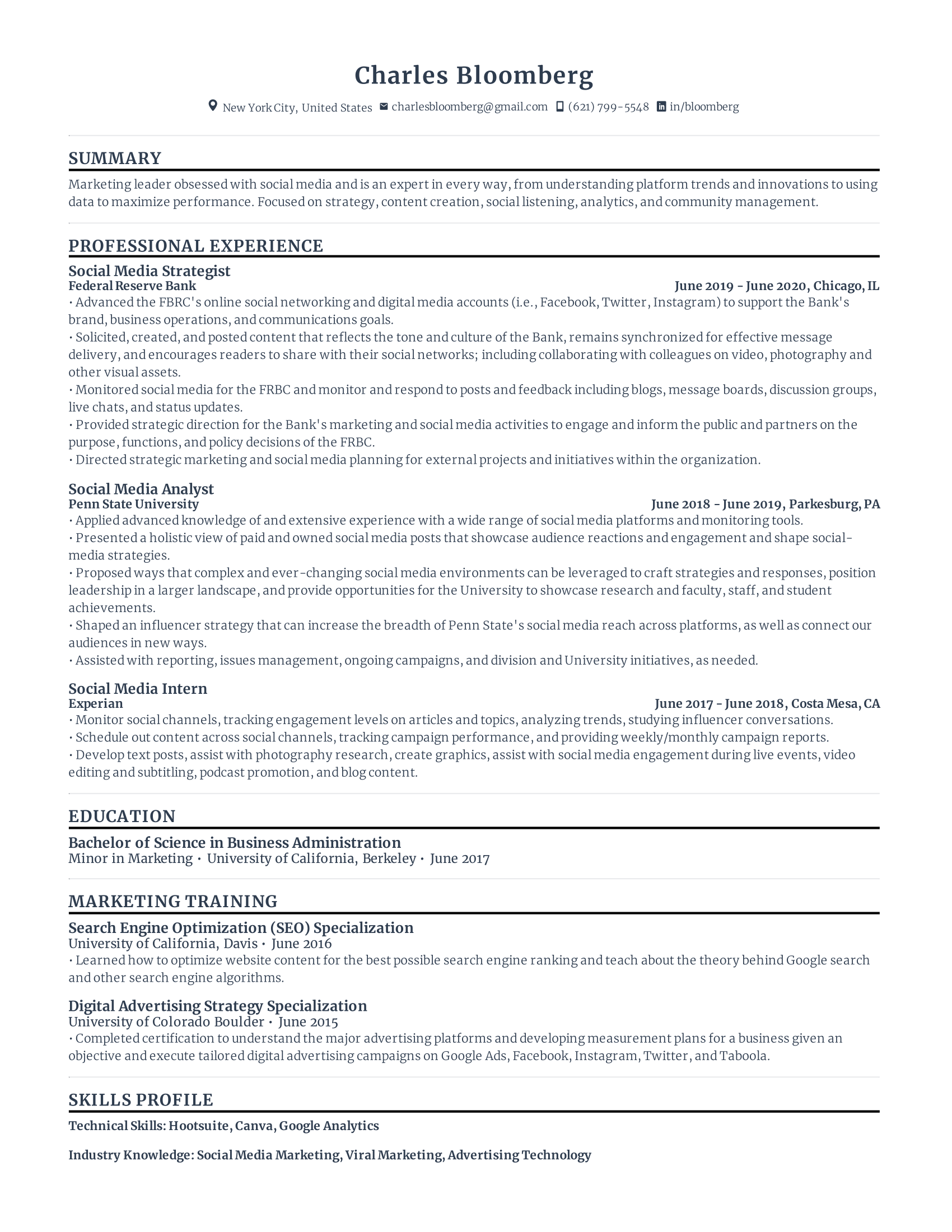 Social Media Resume with high amount of experience and skills in related fields from various companies.