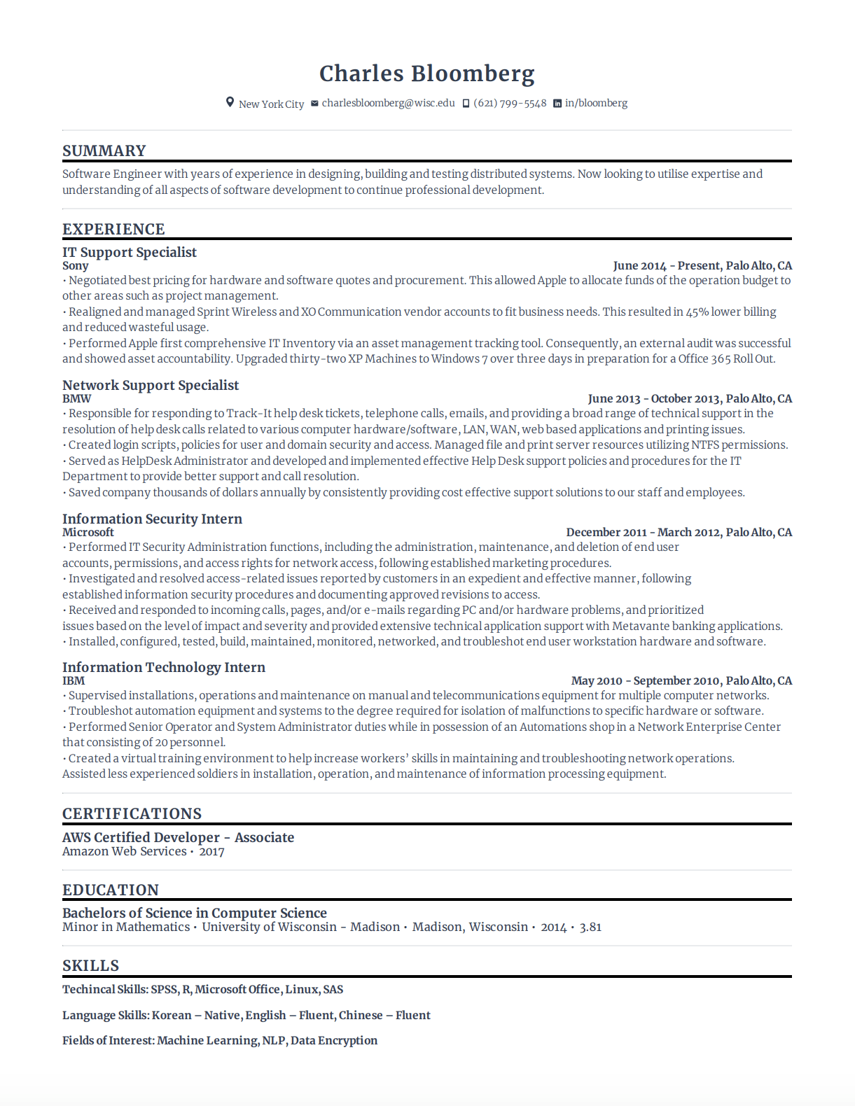 it support specialist Resume with high amount of experience and skills in related fields from various companies.