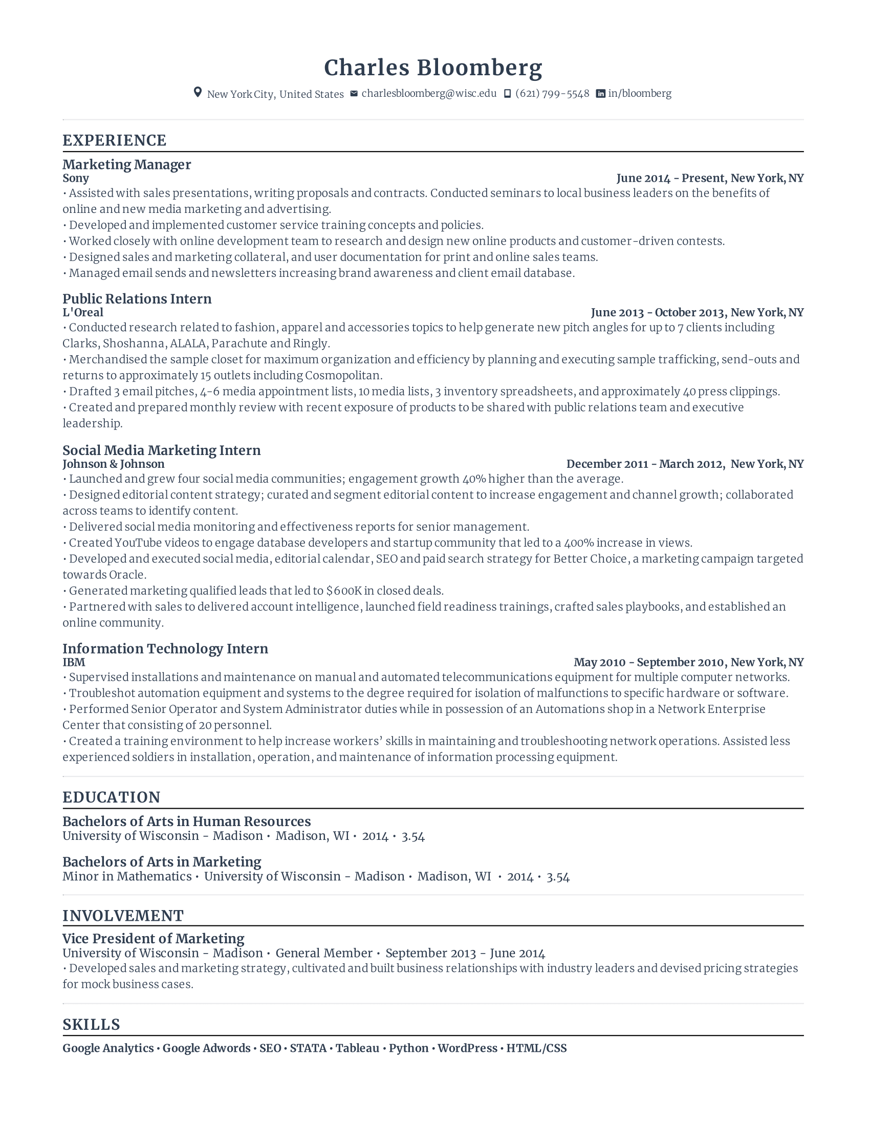 marketing manager resume with high amount of experience in related fields at various companies.