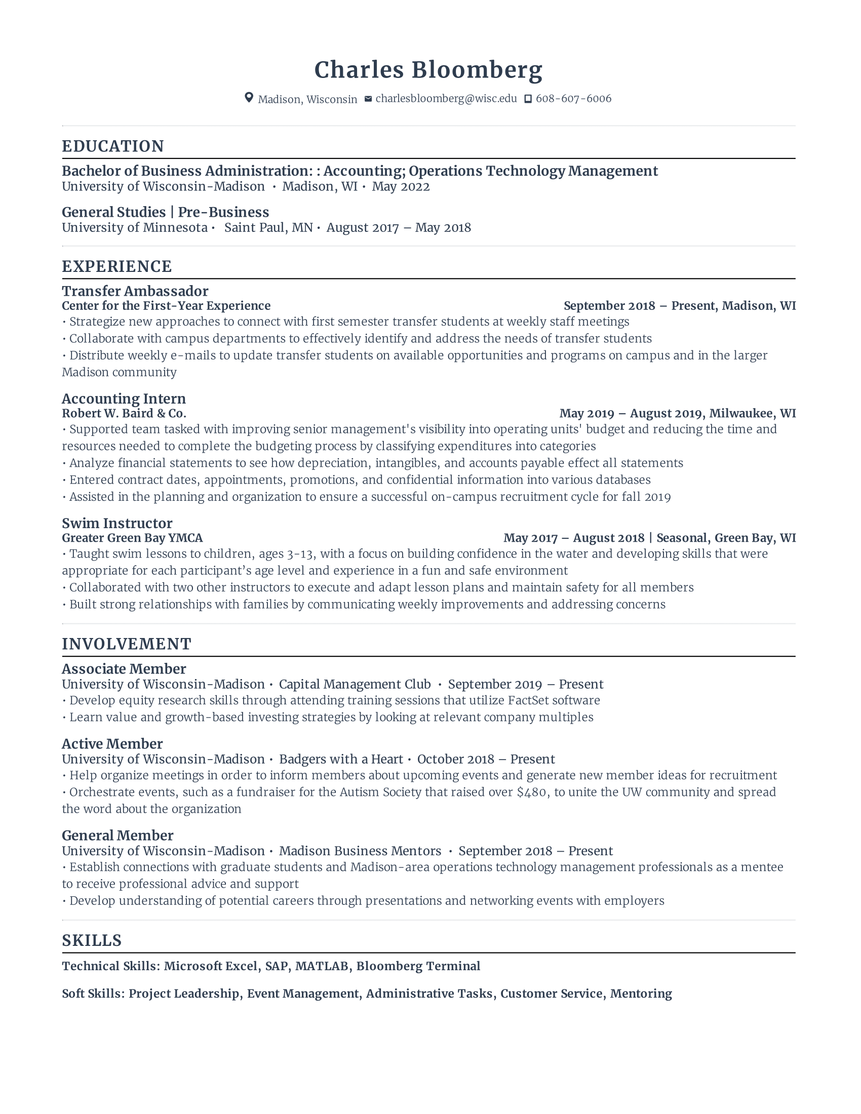 Second Year Student Resume template with low level experience, concentrating on recent education, internships, and other extra curricular experiences.