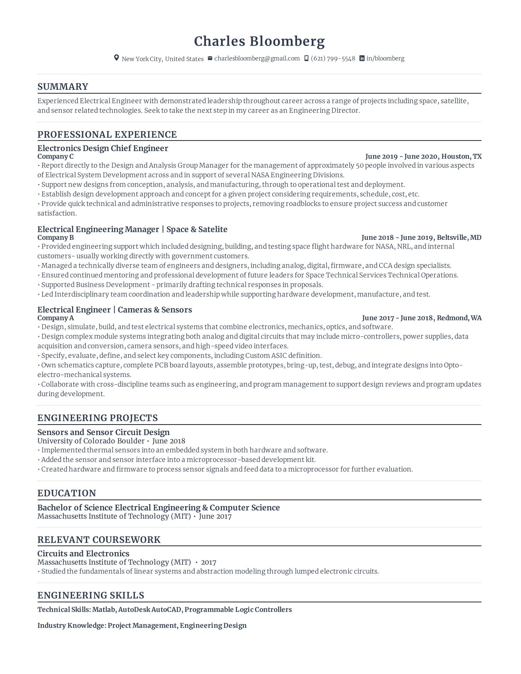 electronics engineer resume template sample with high amount of experience in related fields at various companies.