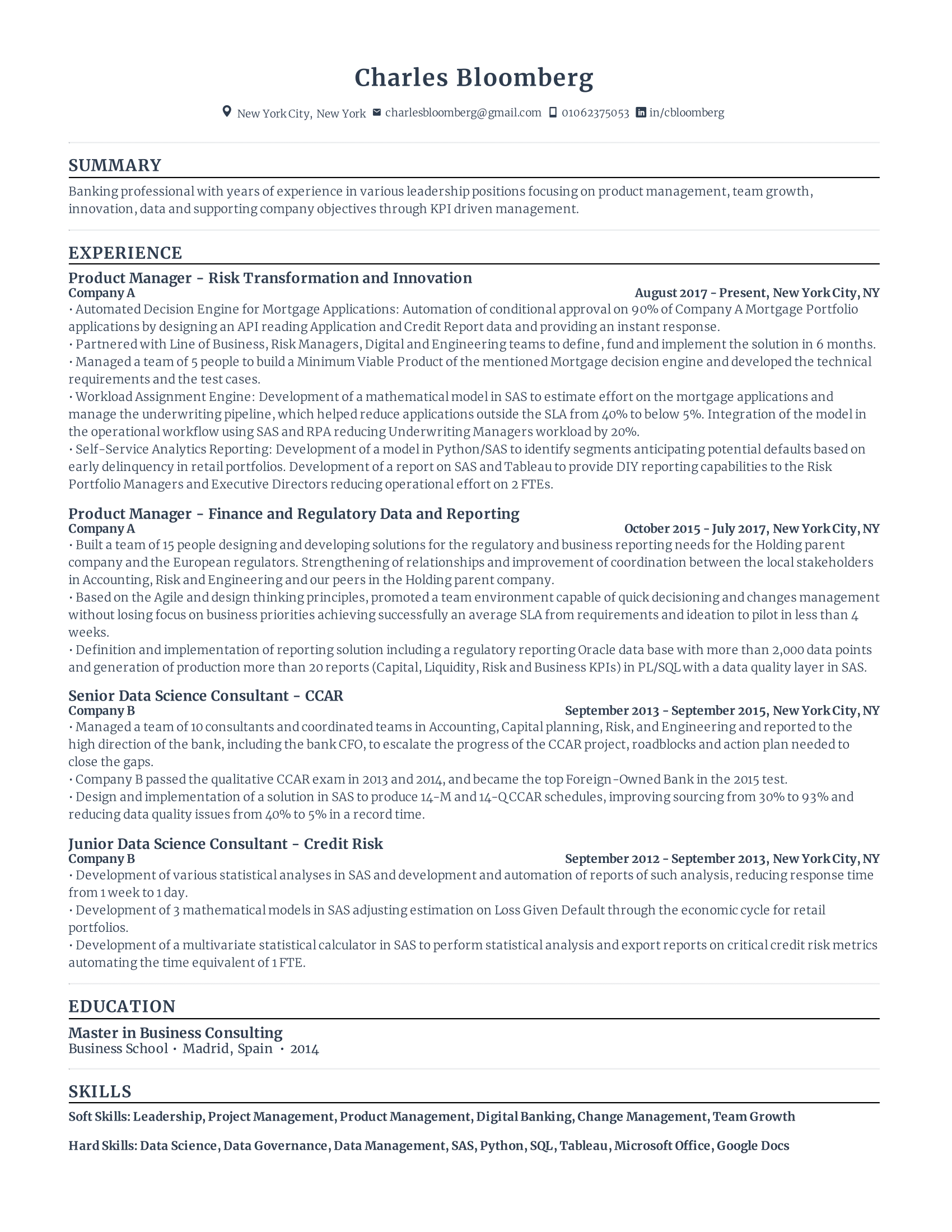 Product Manager Resume Template with high amount of experience in related fields at various companies.